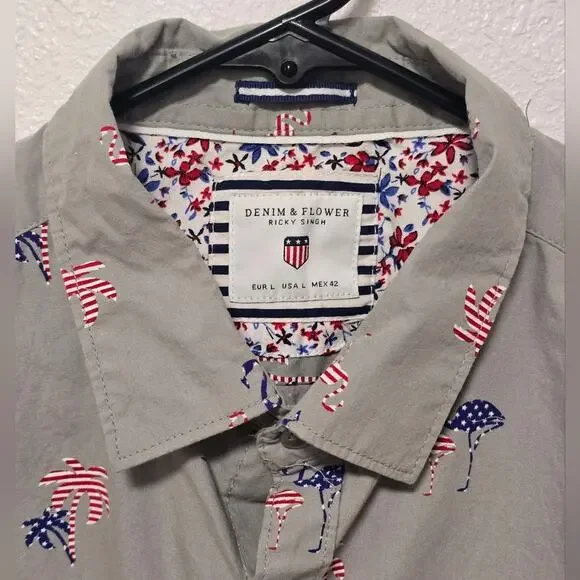 Denim & Flower Flag Flamingo Palm Tree Short Sleeve Button Down Shirt Size Large - Picture 3 of 3